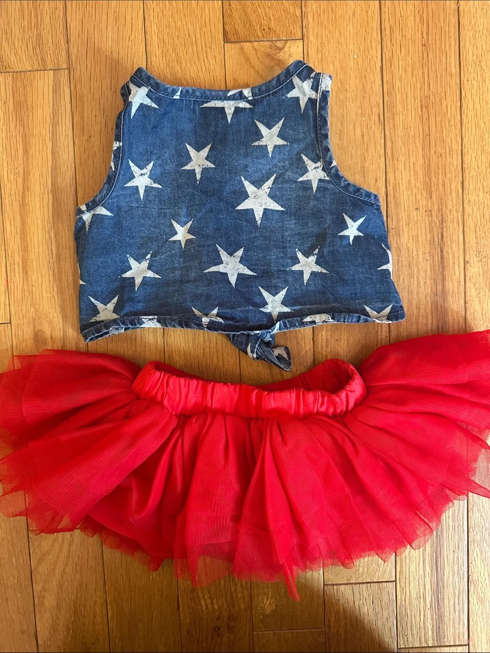 Blue Star Denim Tie-Front Crop Top with Tulle Skirt & matching bloomers!